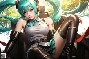 A woman with long green hair sitting on a chair.